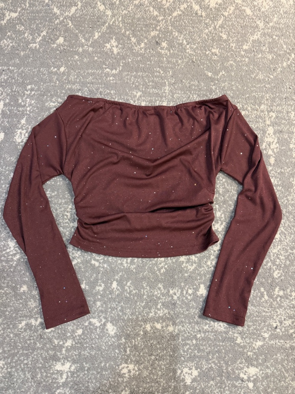 SHEIN Burgundy Off-Shoulder Long Sleeve Sparkle Crop Top